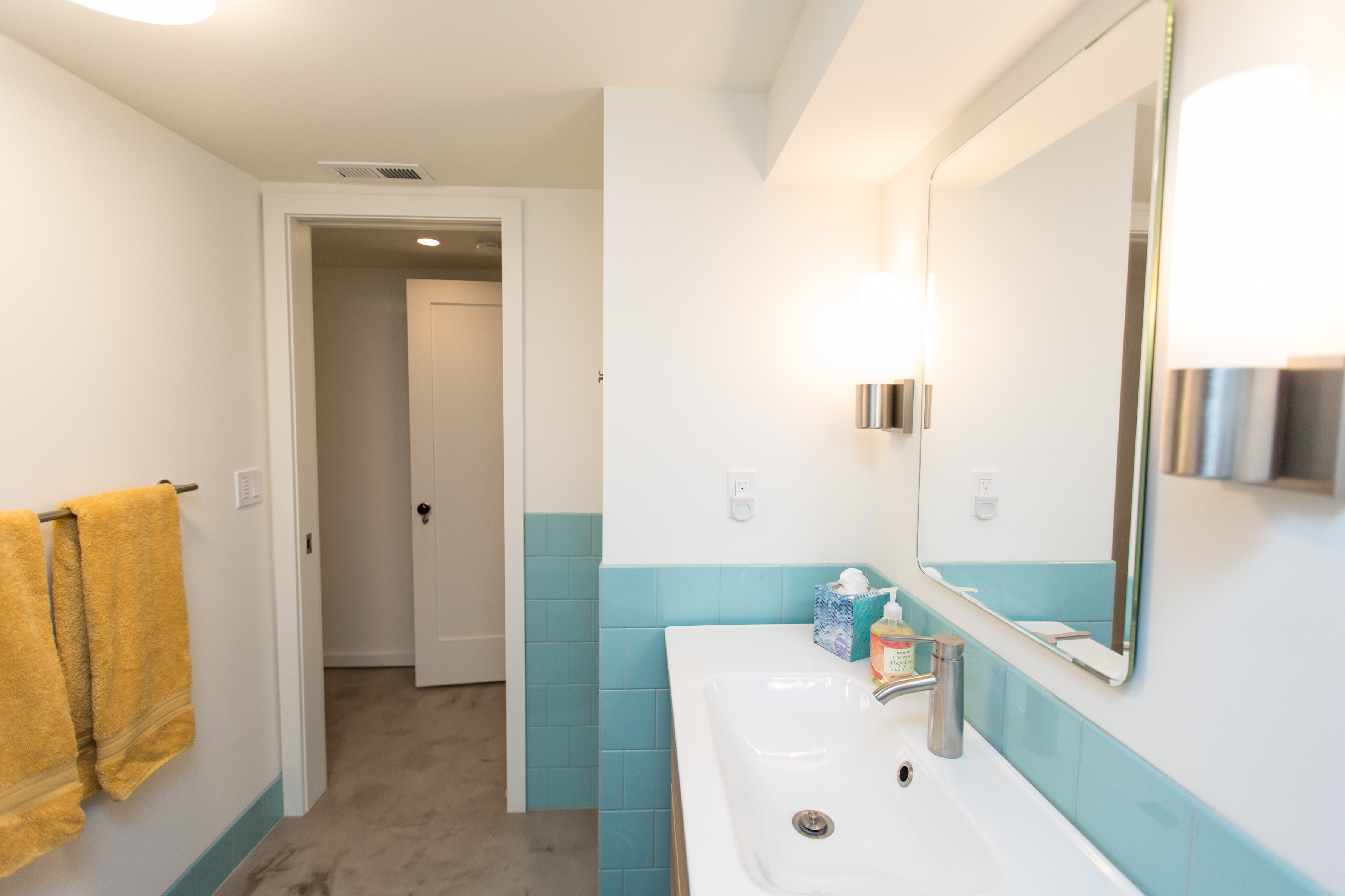 basement bathroom remodel portland - blue tile surround