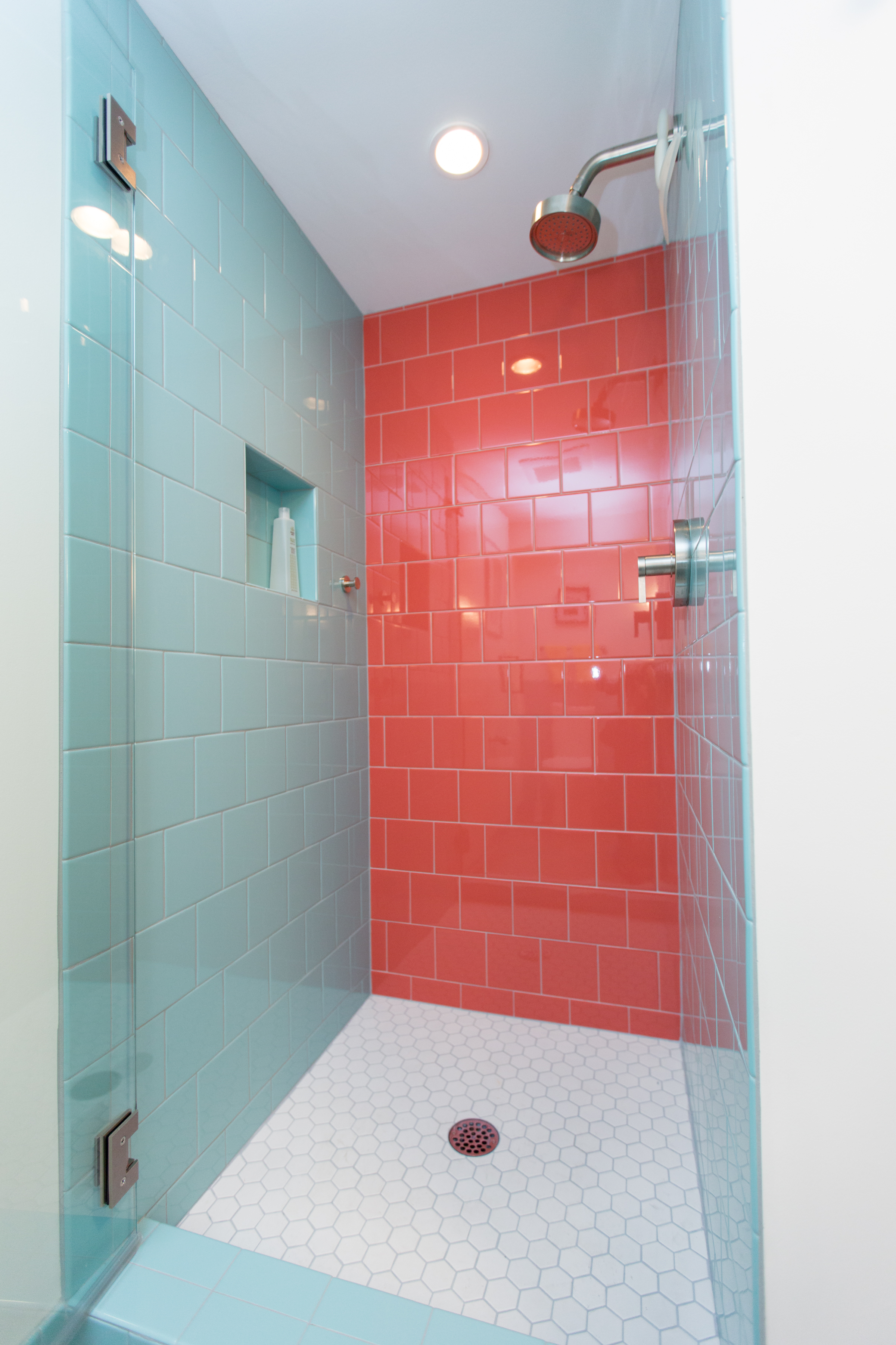 basement bathroom remodel portland - red tile shower